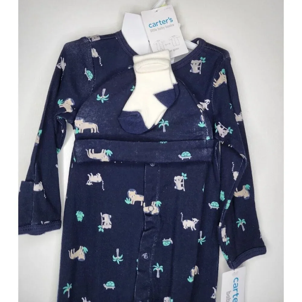 CARTER'S LITTLE BABY SLEEP & PLAY GOWN /BODYSUIT HAT SOCKS NAVY BLUE SIZE 3M